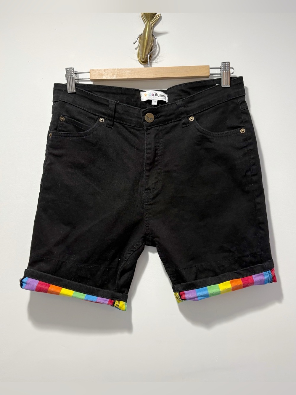 Pride Bunny Rainbow Roll Up Shorts Size 32 Cuffed Black Dopamine Joy Happy Fun